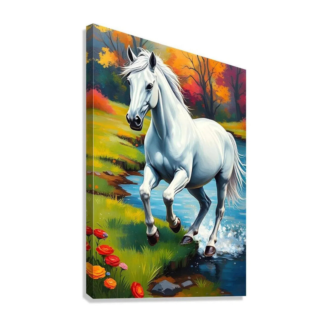 White Horse Gallop Crossing Water, Animal Print 23405 Visual Wall Art