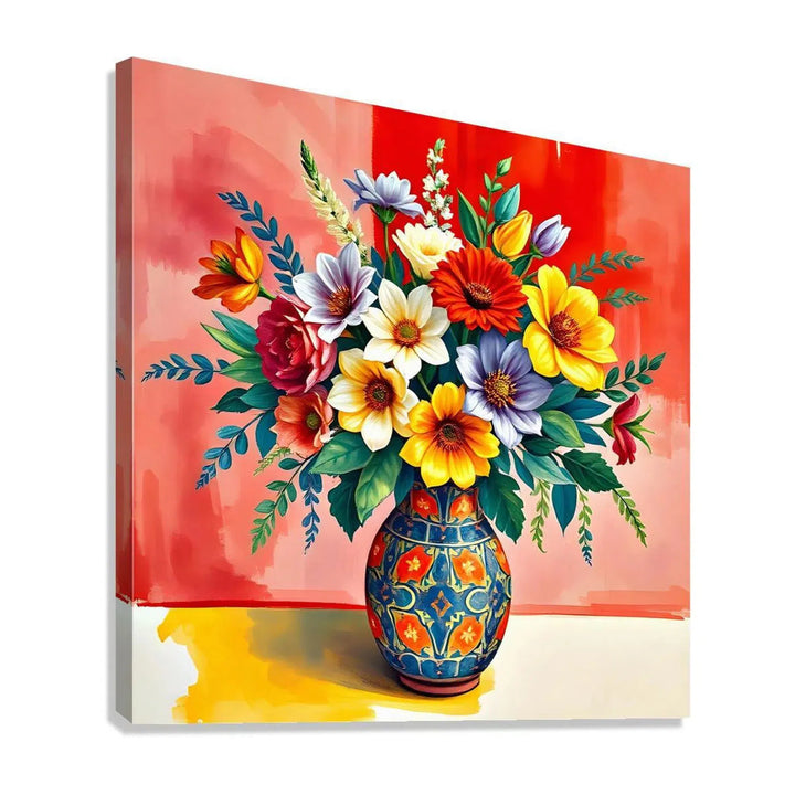 Various Flowers Blue Vase Ornate Still Life Print 11923 Giclée Stretched Canvas Print Visual Wall Art