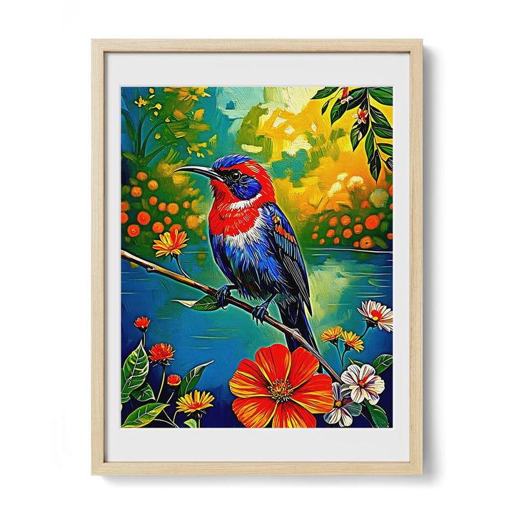 Framed colorful painting of a bird on a branch with vibrant flowers and a lush background.