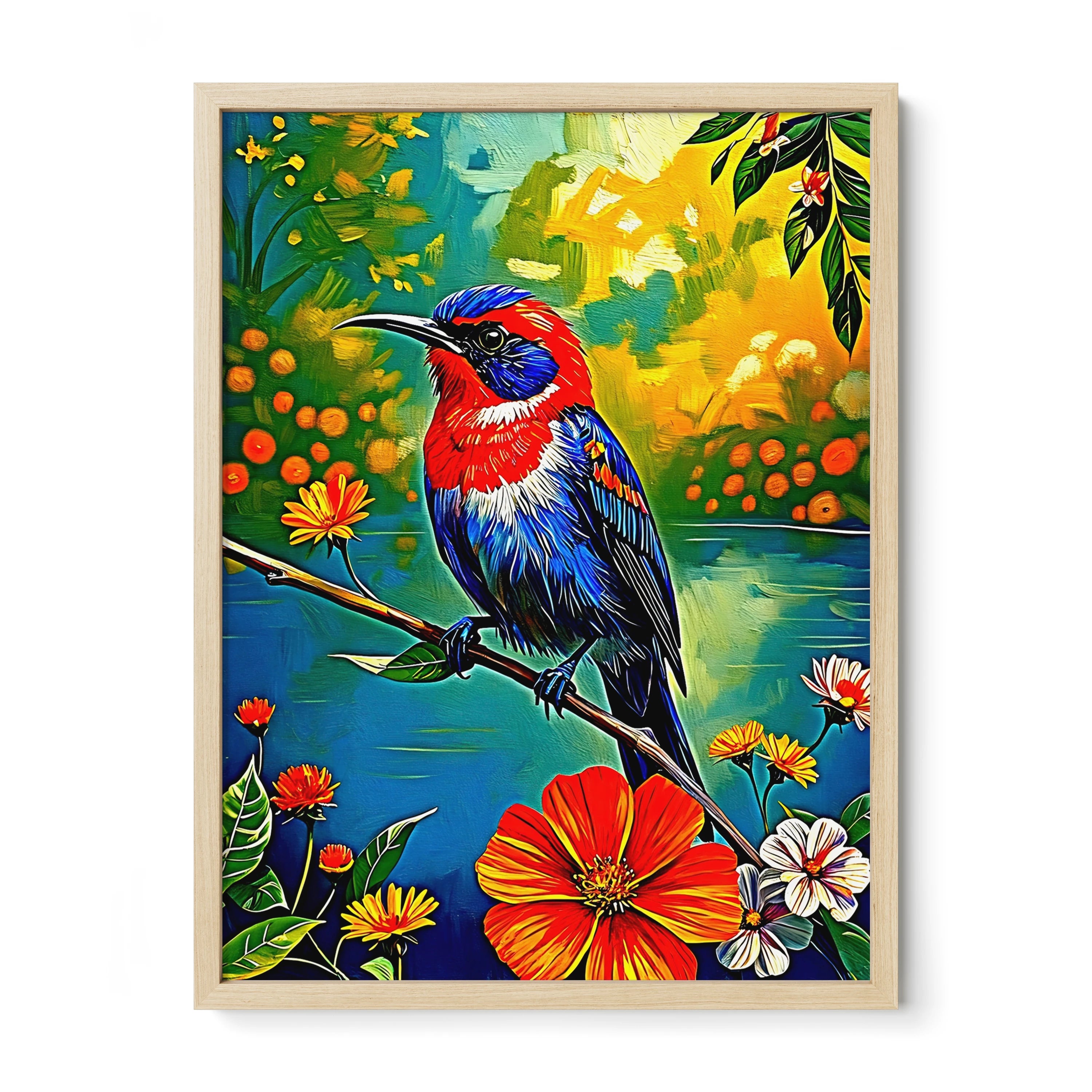 Aethopyga siparaja Crimson Sunbird-Framed Paper Print-452250 Natural Premium Oak No Mats Visual Wall Art Framed Print