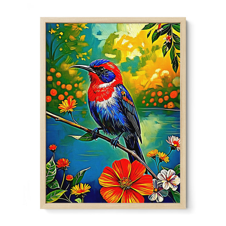 Colorful painting of a bird on a branch surrounded by vibrant flowers, framed in light wood.