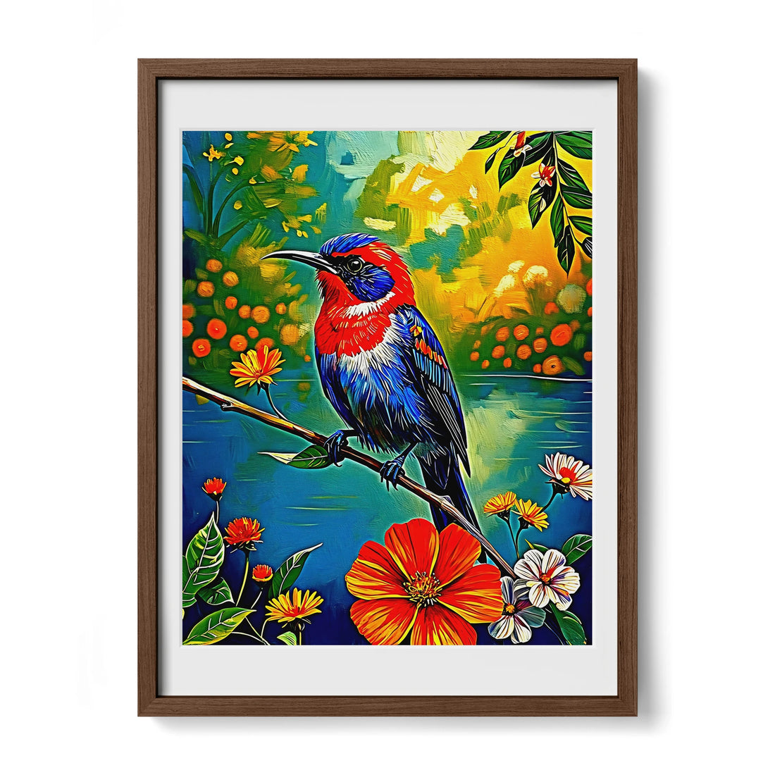 Aethopyga siparaja Crimson Sunbird-Framed Paper Print-452250 Walnut Premium Oak Mats Visual Wall Art Framed Print