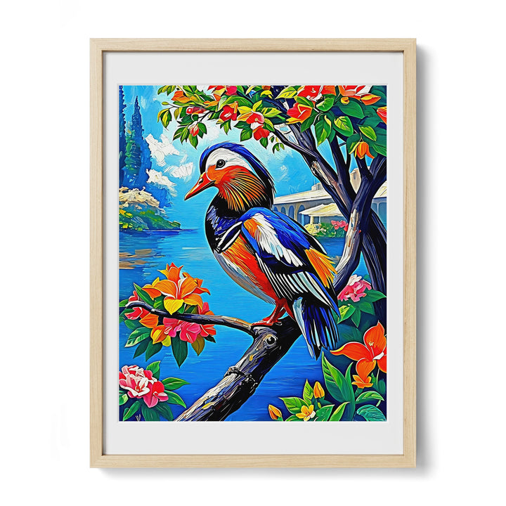 Framed painting of a colorful bird perched on a branch with vibrant flowers and a scenic lake background.