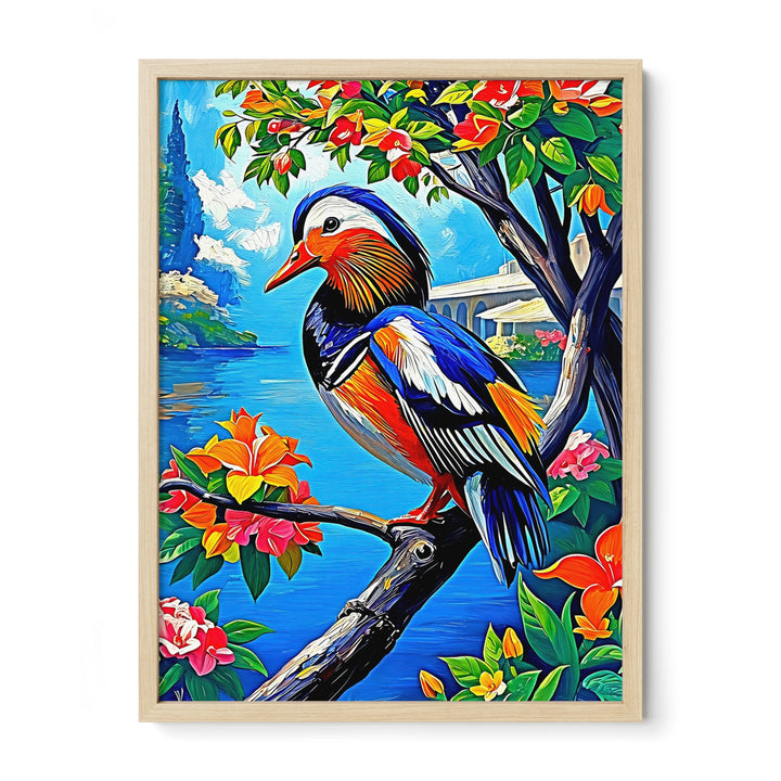 Framed painting of a colorful bird on a branch with vibrant flowers and a scenic background.