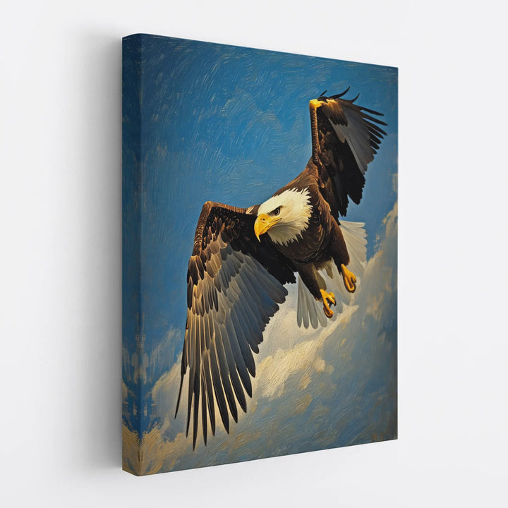 Canvas print of a bald eagle in flight against a blue sky.