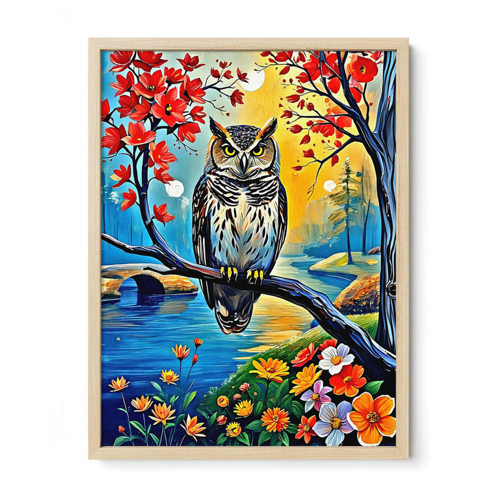 Framed painting of an owl on a branch with vibrant flowers and a colorful landscape background.
