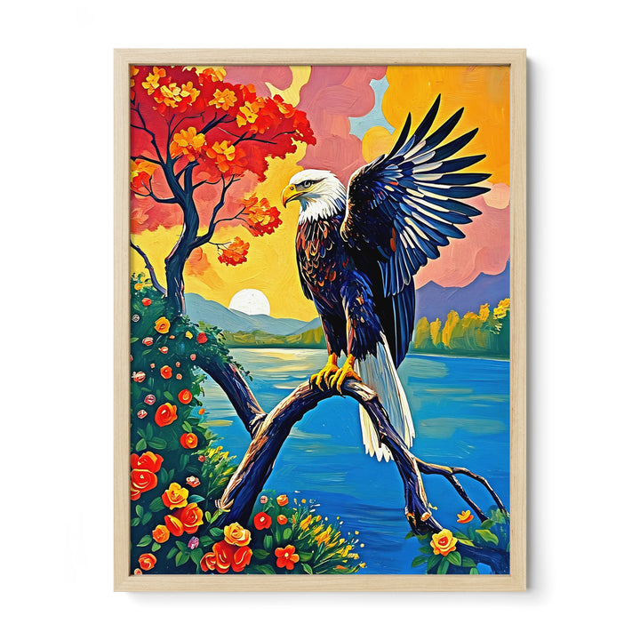 Framed painting of an eagle on a branch with vibrant flowers and a colorful sunset background.