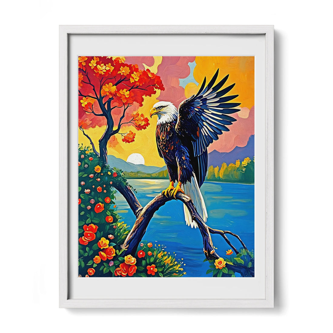 Bird Of Jove-Bald Eagle-Framed Paper Print-452207 White Premium Oak Mats Visual Wall Art Framed Print