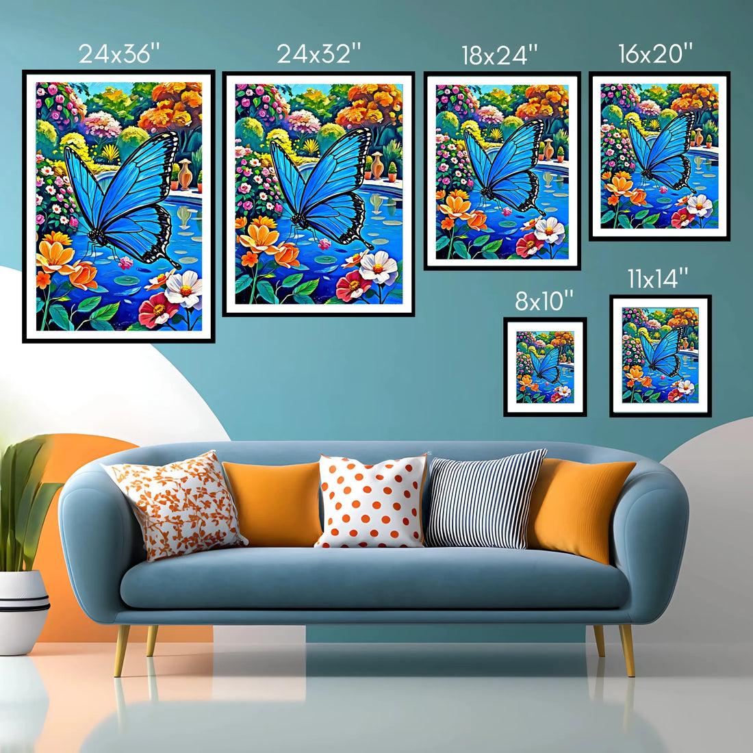 Blue Butterfly In The Garden-Framed Paper Print-452214 Visual Wall Art Framed Print