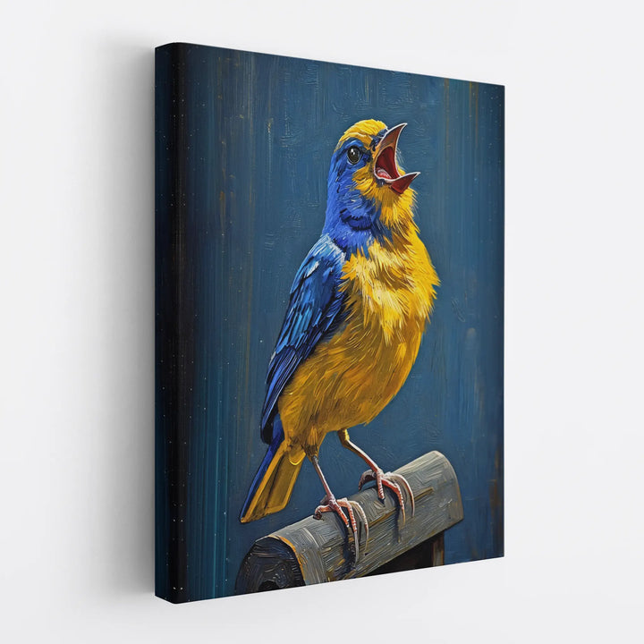 A vibrant painting of a blue and yellow bird perched on a branch against a dark blue background.