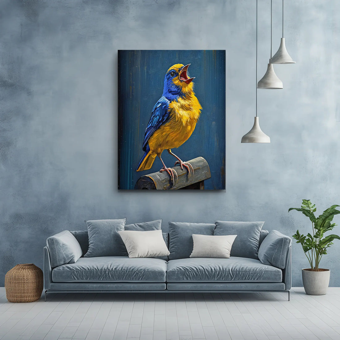 Blue Gold Whistler Bird Singing Giclée Print 454004 Visual Wall Art AR3:4V-AR4:5V Giclée Print