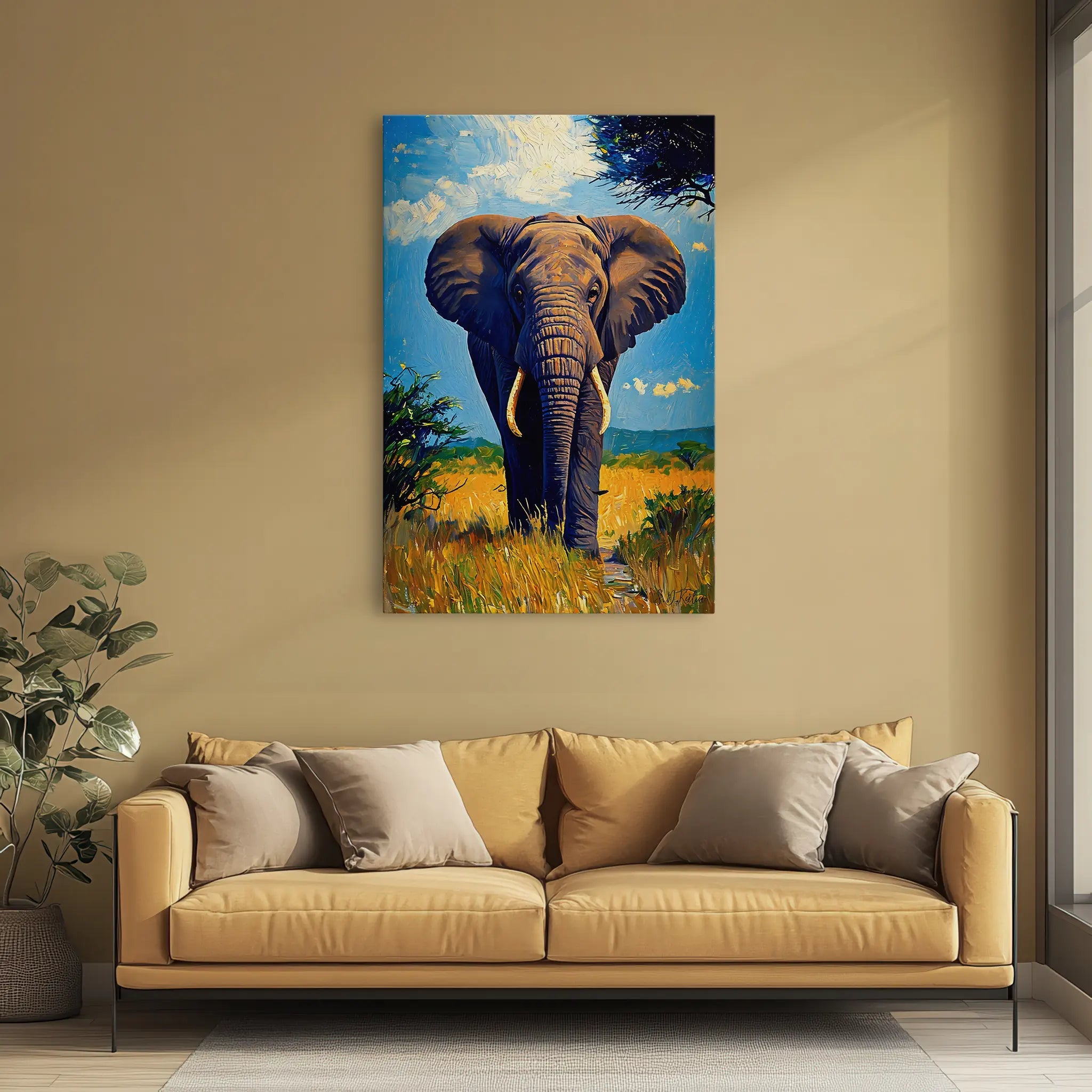 Blue-Sky Titan Elephant in the Grasslands Giclée Print 231007 Visual Wall Art AR2:3V Giclée Print