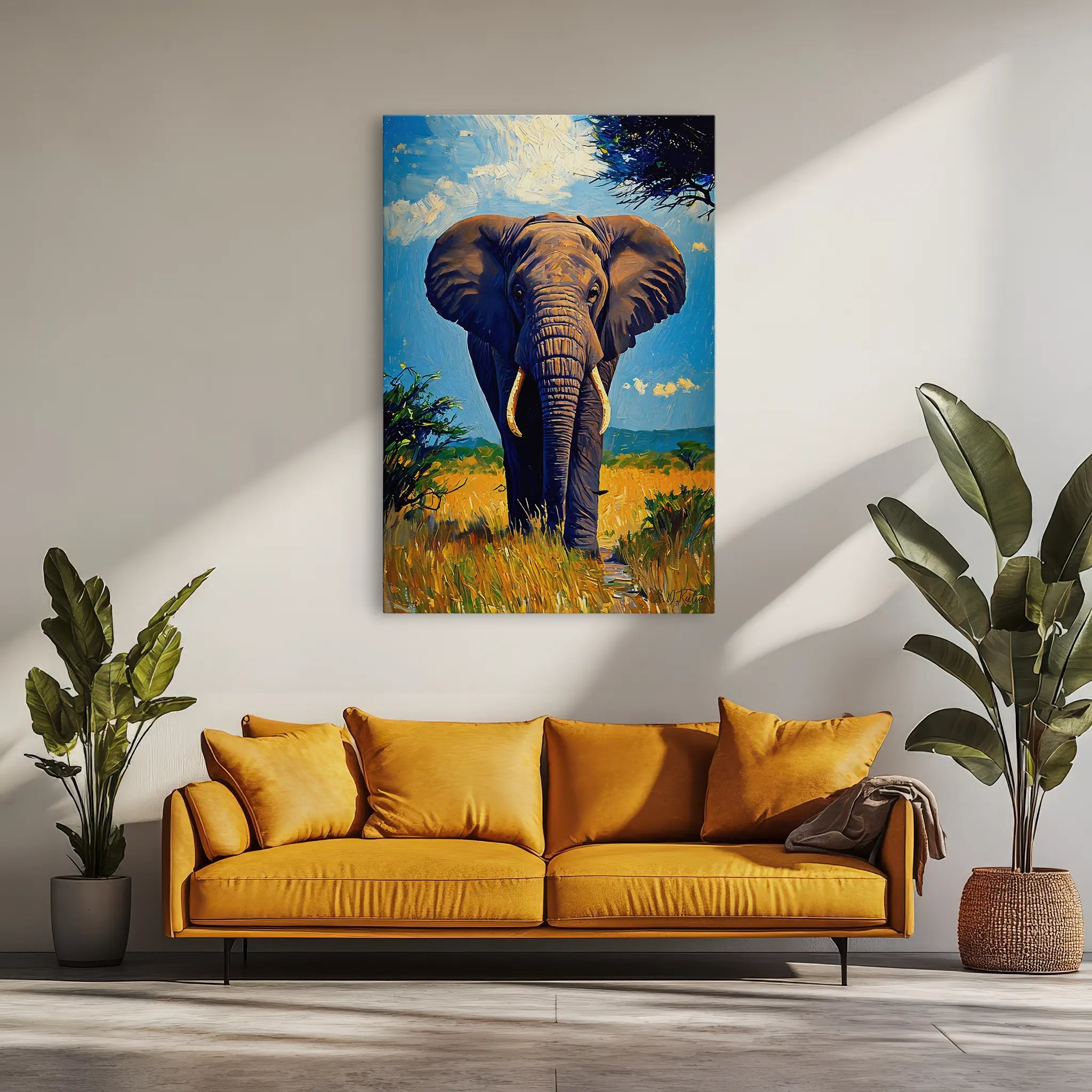 Blue-Sky Titan Elephant in the Grasslands Giclée Print 231007 Visual Wall Art AR2:3V Giclée Print