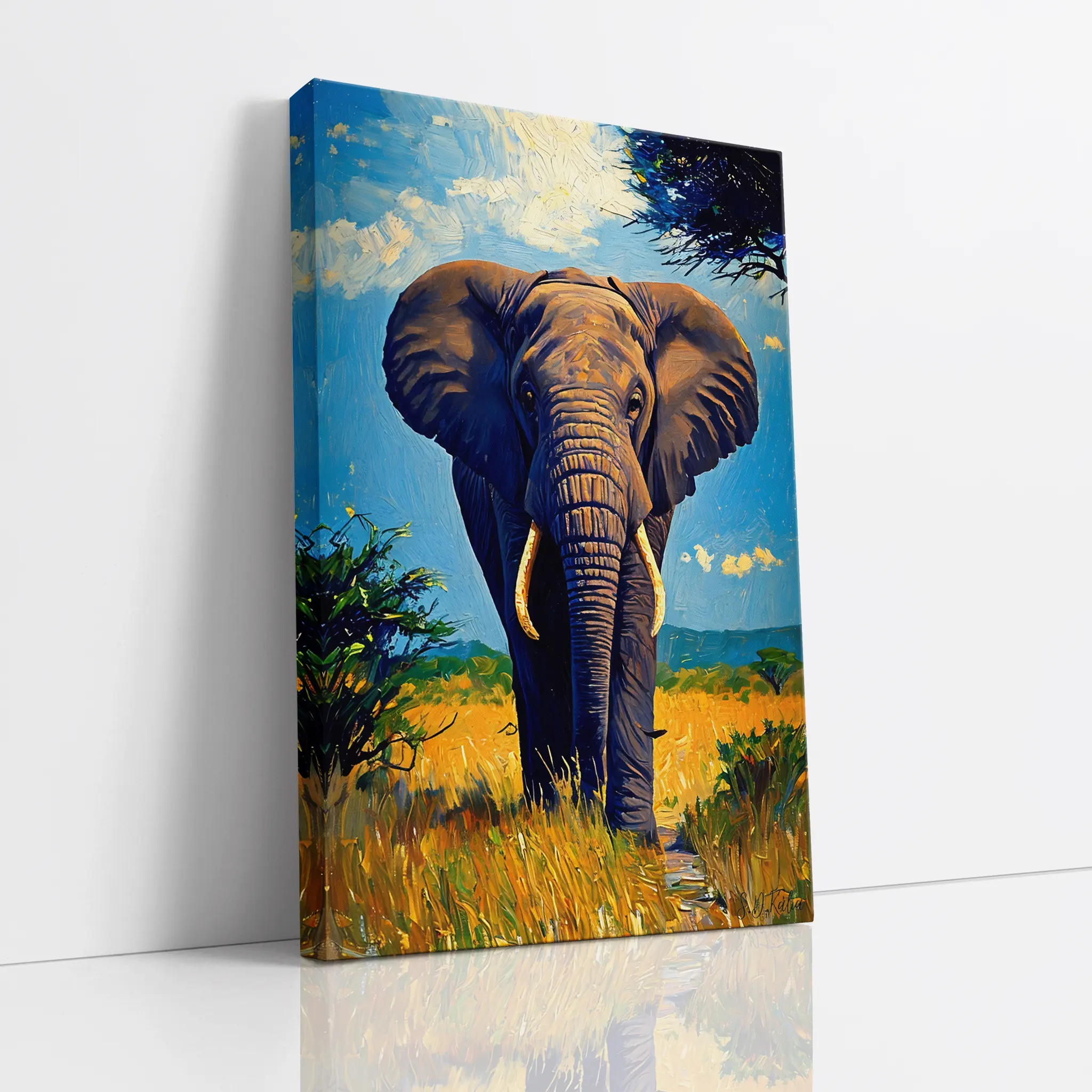 Blue-Sky Titan Elephant in the Grasslands Giclée Print 231007 Visual Wall Art AR2:3V Giclée Print