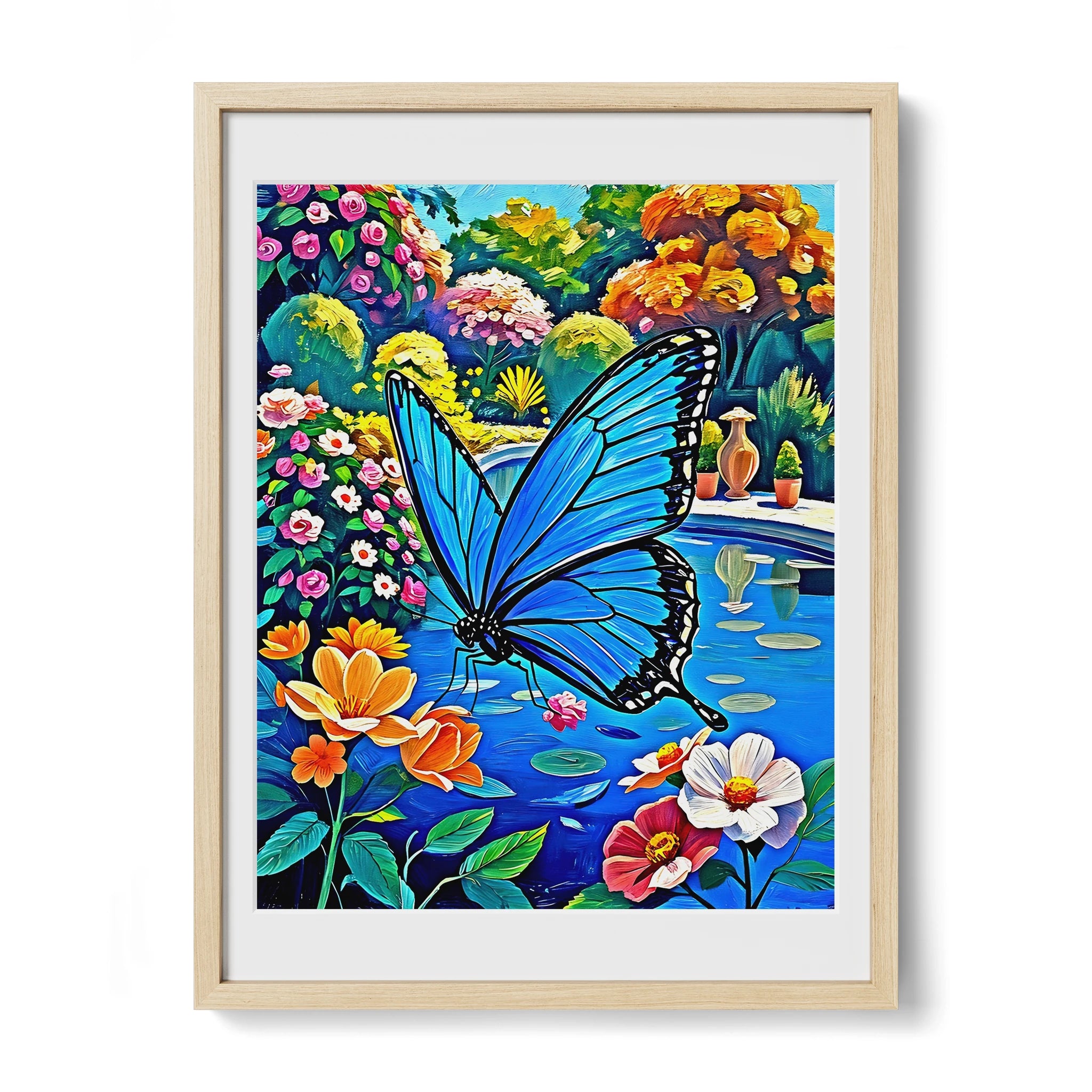 Blue Butterfly In The Garden-Framed Paper Print-452214 Natural Premium Oak Mats Visual Wall Art Framed Print