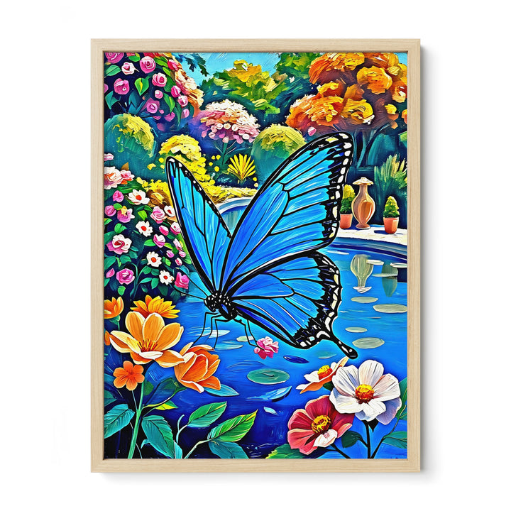 Framed painting of a vibrant blue butterfly in a colorful garden with flowers and a pond.