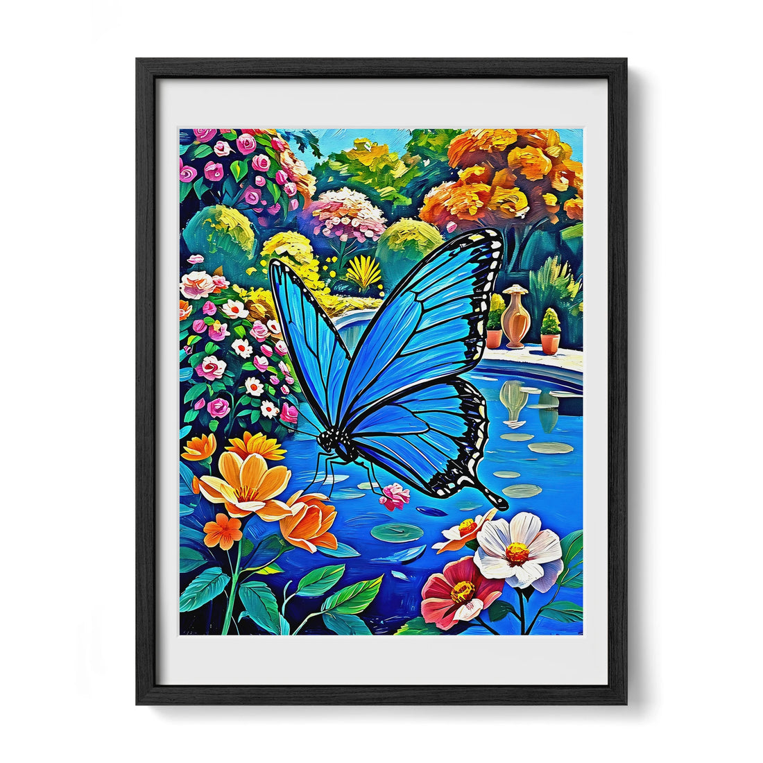 Blue Butterfly In The Garden-Framed Paper Print-452214 Black Premium Oak Mats Visual Wall Art Framed Print