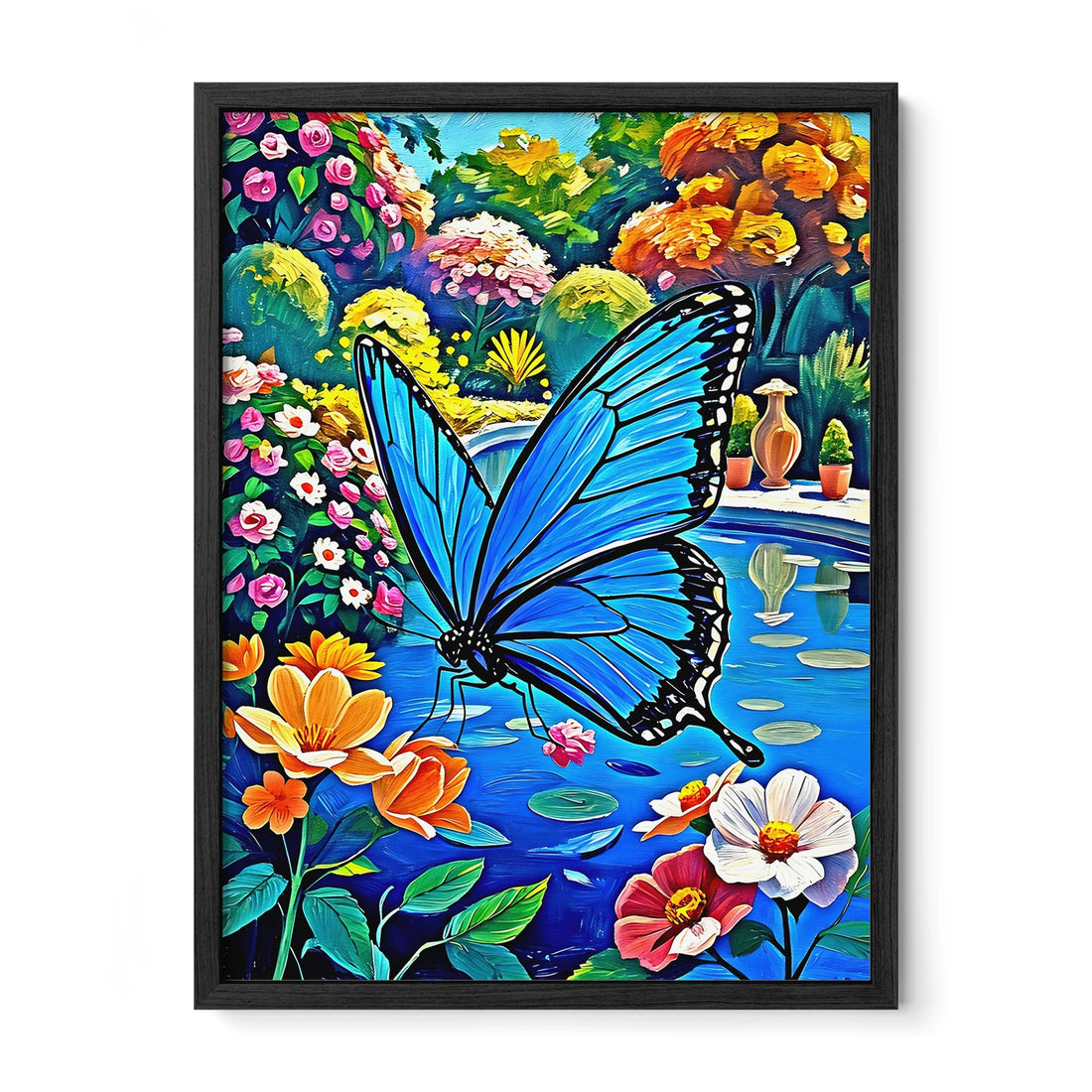 Blue Butterfly In The Garden-Framed Paper Print-452214 Black Premium Oak No Mats Visual Wall Art Framed Print