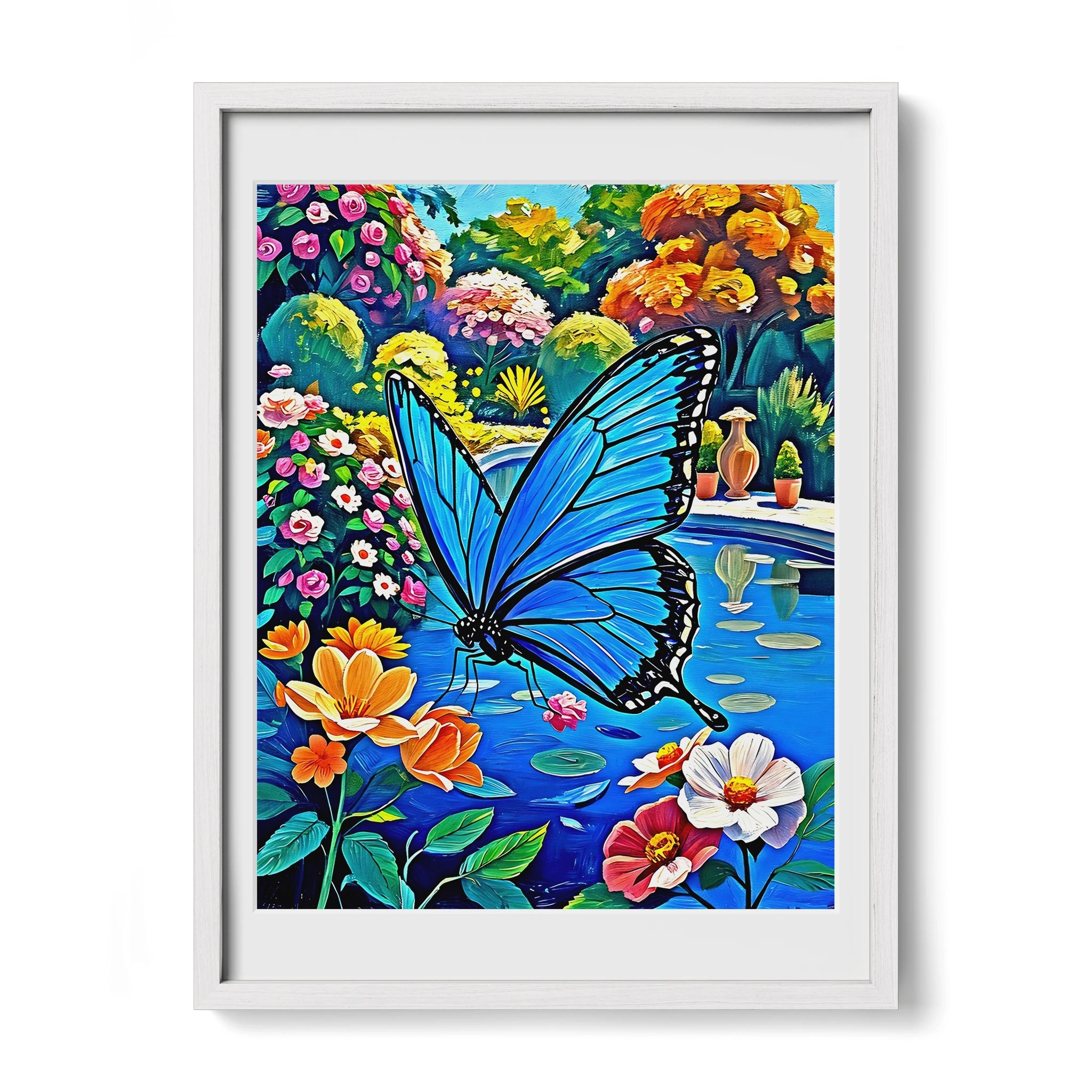 Blue Butterfly In The Garden-Framed Paper Print-452214 White Premium Oak Mats Visual Wall Art Framed Print