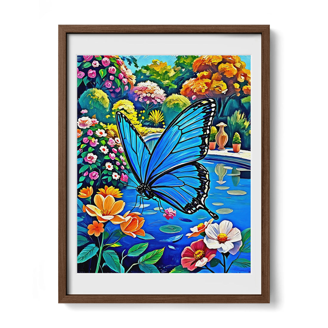 Blue Butterfly In The Garden-Framed Paper Print-452214 Walnut Premium Oak Mats Visual Wall Art Framed Print