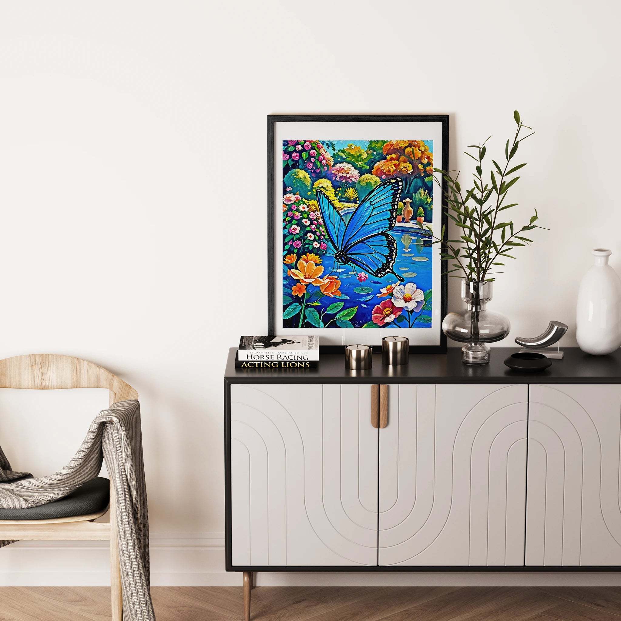 Blue Butterfly In The Garden-Framed Paper Print-452214 Visual Wall Art Framed Print