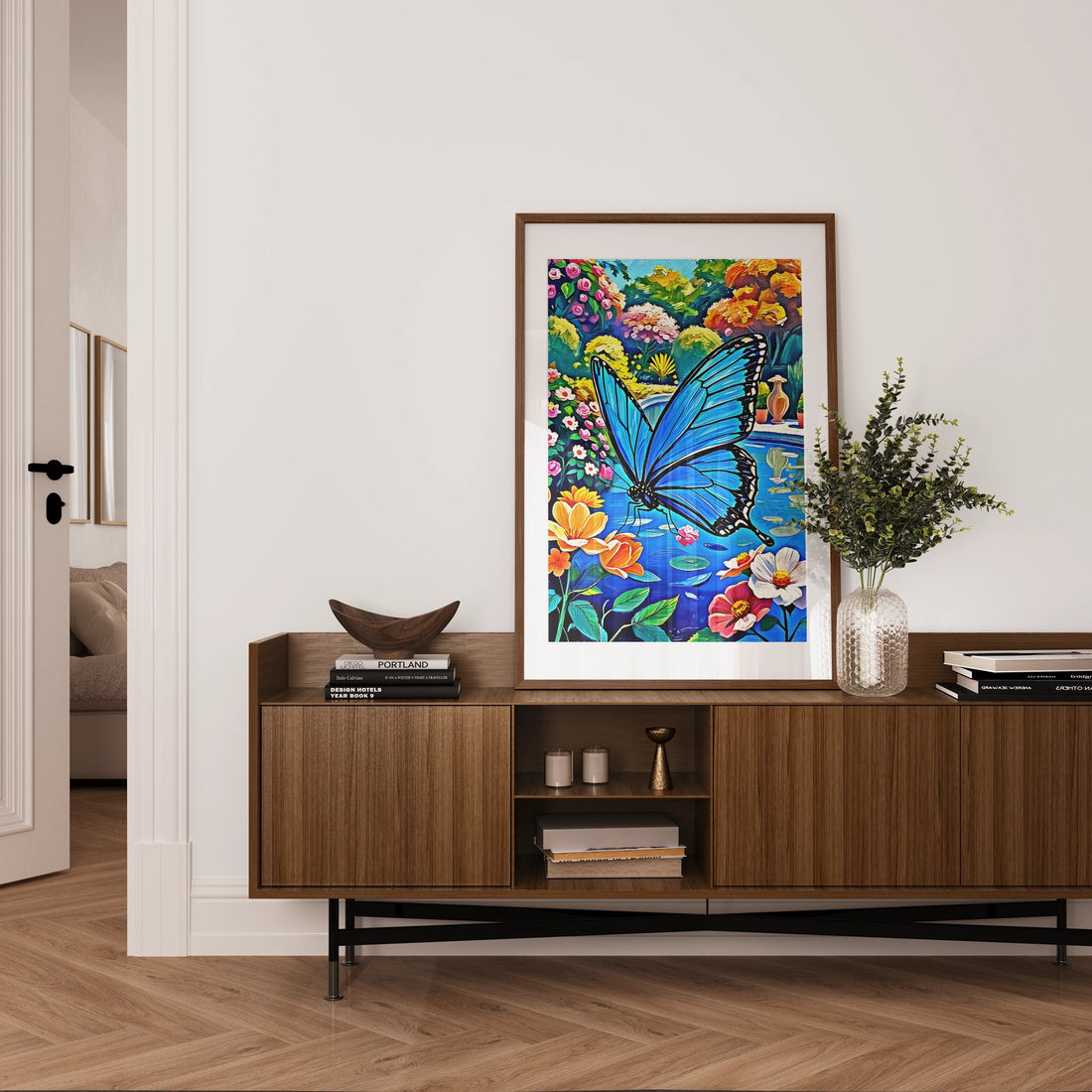 Blue Butterfly In The Garden-Framed Paper Print-452214 Visual Wall Art Framed Print