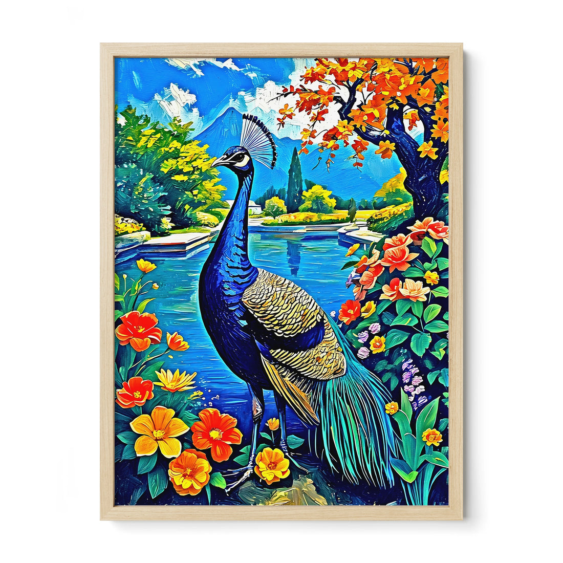 Blue Indian Peafowl Pavo Cristatus-Framed Paper Print-452221 Natural Premium Oak No Mats Visual Wall Art Framed Print