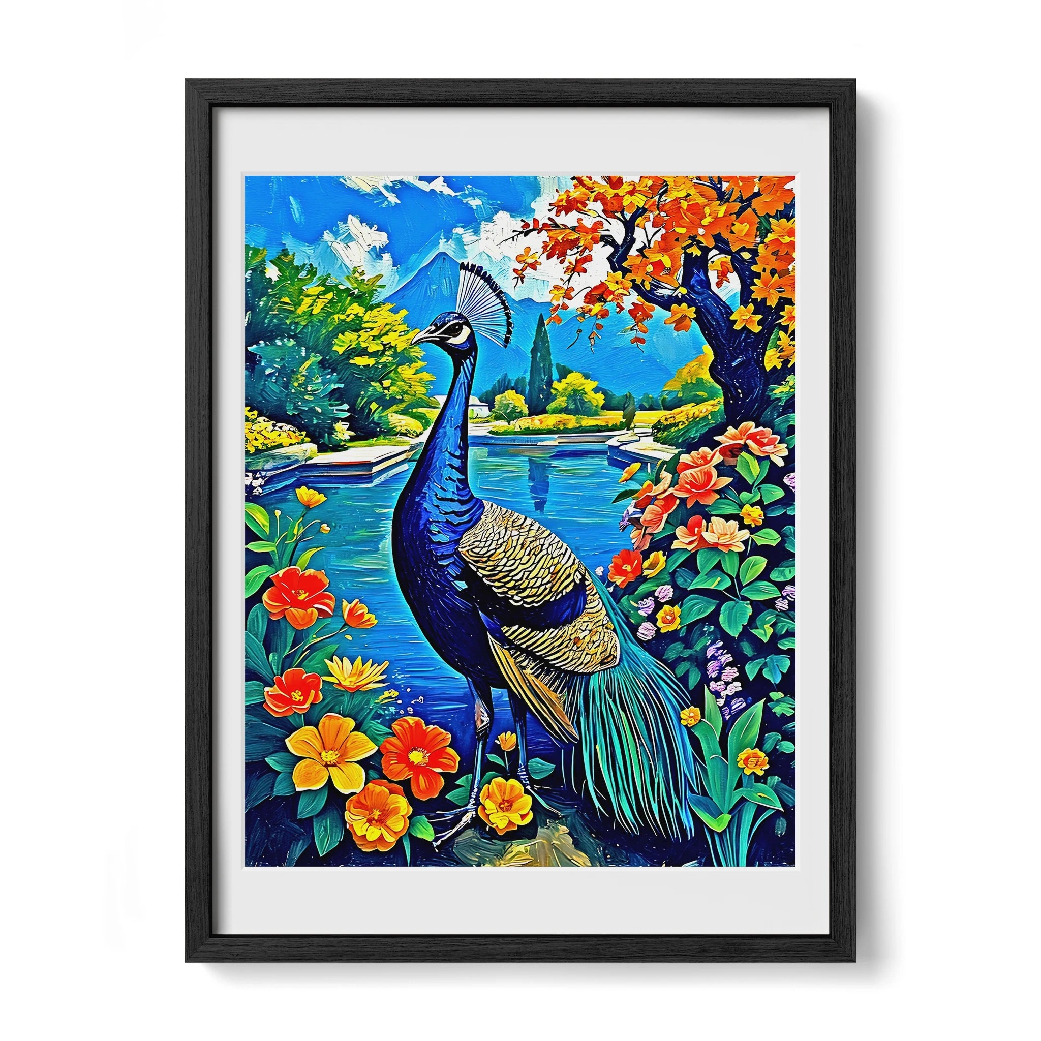 Blue Indian Peafowl Pavo Cristatus-Framed Paper Print-452221 Black Premium Oak Mats Visual Wall Art Framed Print