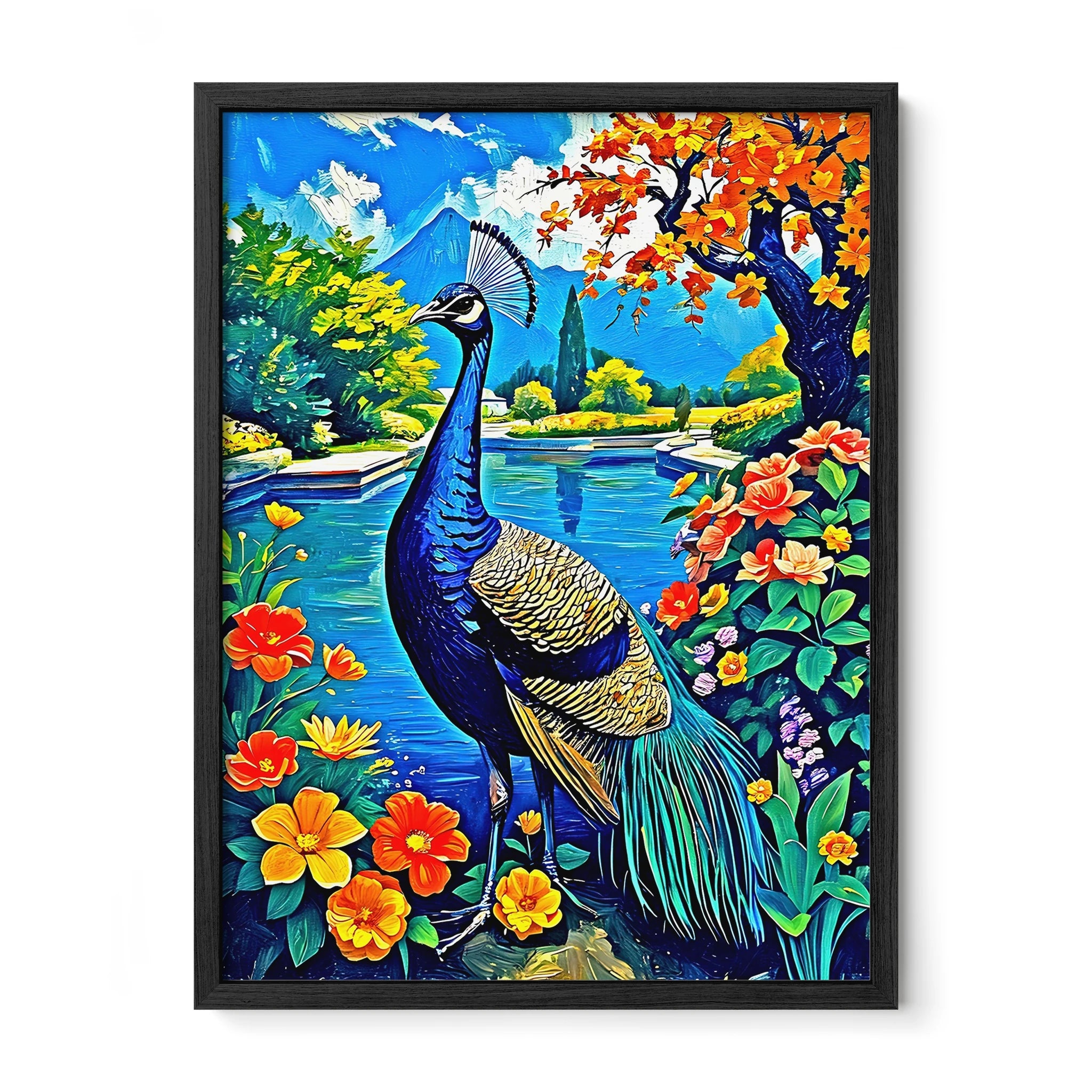 Blue Indian Peafowl Pavo Cristatus-Framed Paper Print-452221 Black Premium Oak No Mats Visual Wall Art Framed Print