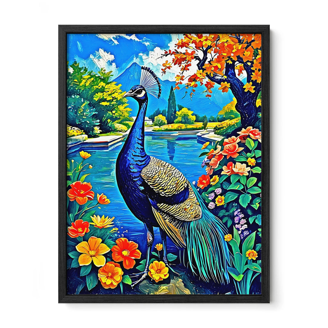 Blue Indian Peafowl Pavo Cristatus-Framed Paper Print-452221 Black Premium Oak No Mats Visual Wall Art Framed Print