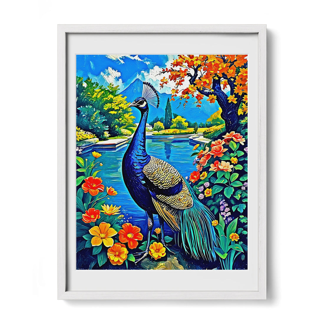 Blue Indian Peafowl Pavo Cristatus-Framed Paper Print-452221 White Premium Oak Mats Visual Wall Art Framed Print