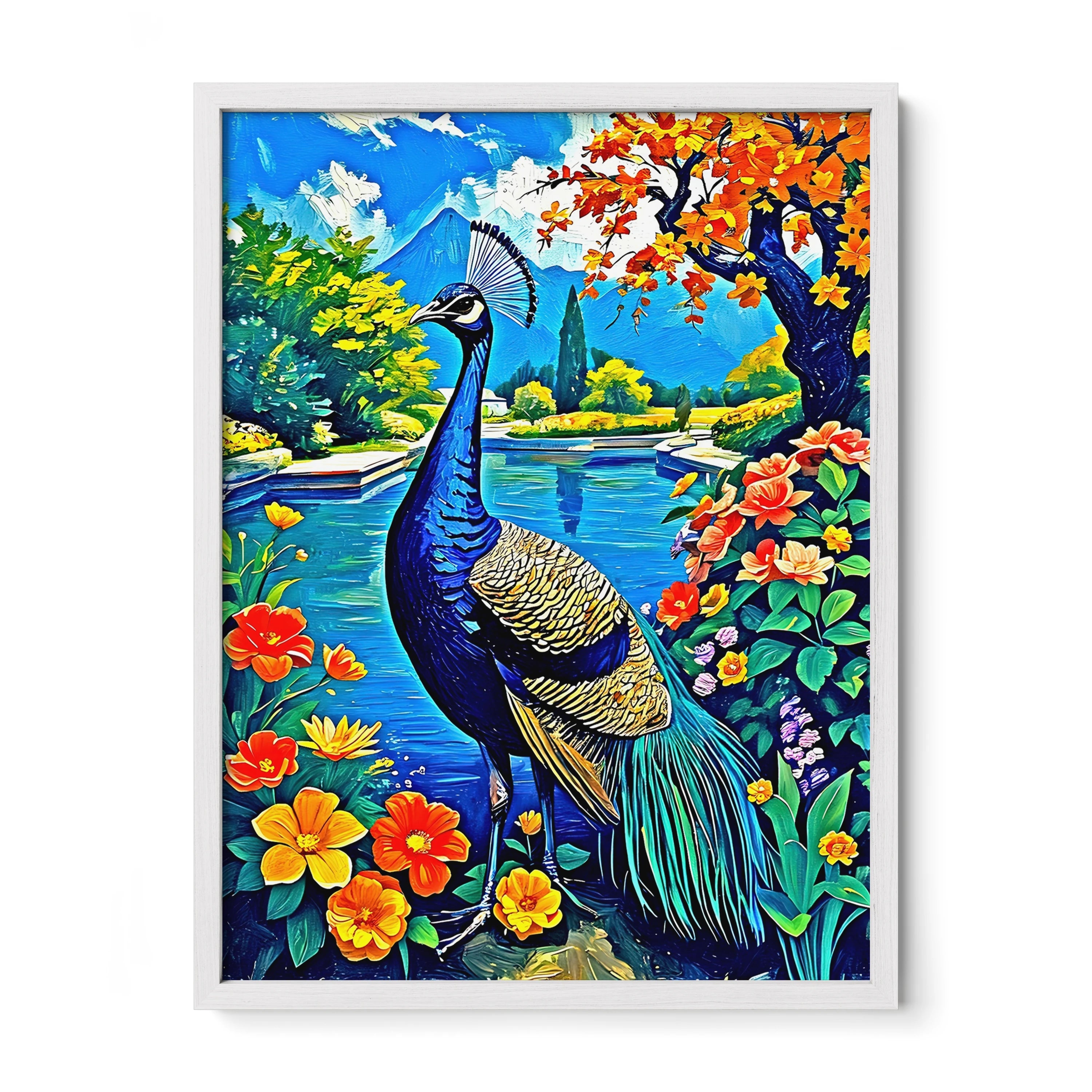 Blue Indian Peafowl Pavo Cristatus-Framed Paper Print-452221 White Premium Oak No Mats Visual Wall Art Framed Print