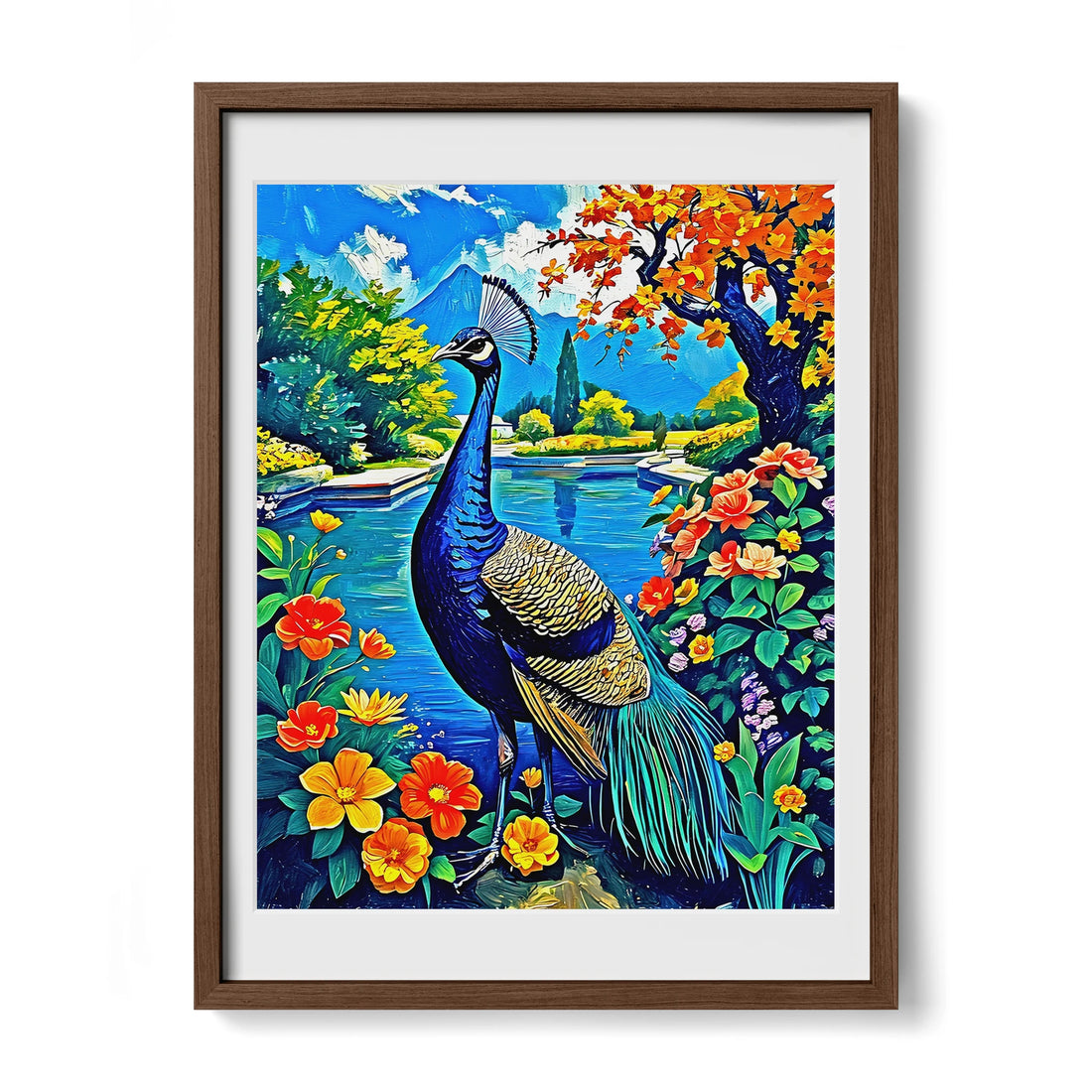 Blue Indian Peafowl Pavo Cristatus-Framed Paper Print-452221 Walnut Premium Oak Mats Visual Wall Art Framed Print