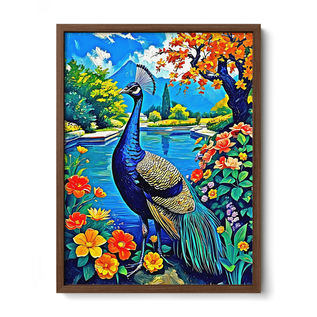 Blue Indian Peafowl Pavo Cristatus-Framed Paper Print-452221 Walnut Premium Oak No Mats Visual Wall Art Framed Print