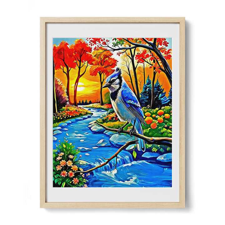 Framed painting of a blue jay on a branch by a vibrant autumn landscape with a river and sunset.