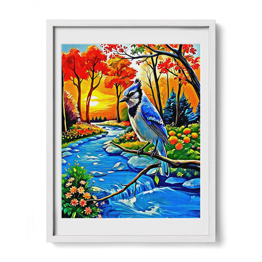 Blue Jay-Cyanocitta Cristata-Framed Paper Print-452252 White Premium Oak Mats Visual Wall Art Framed Print