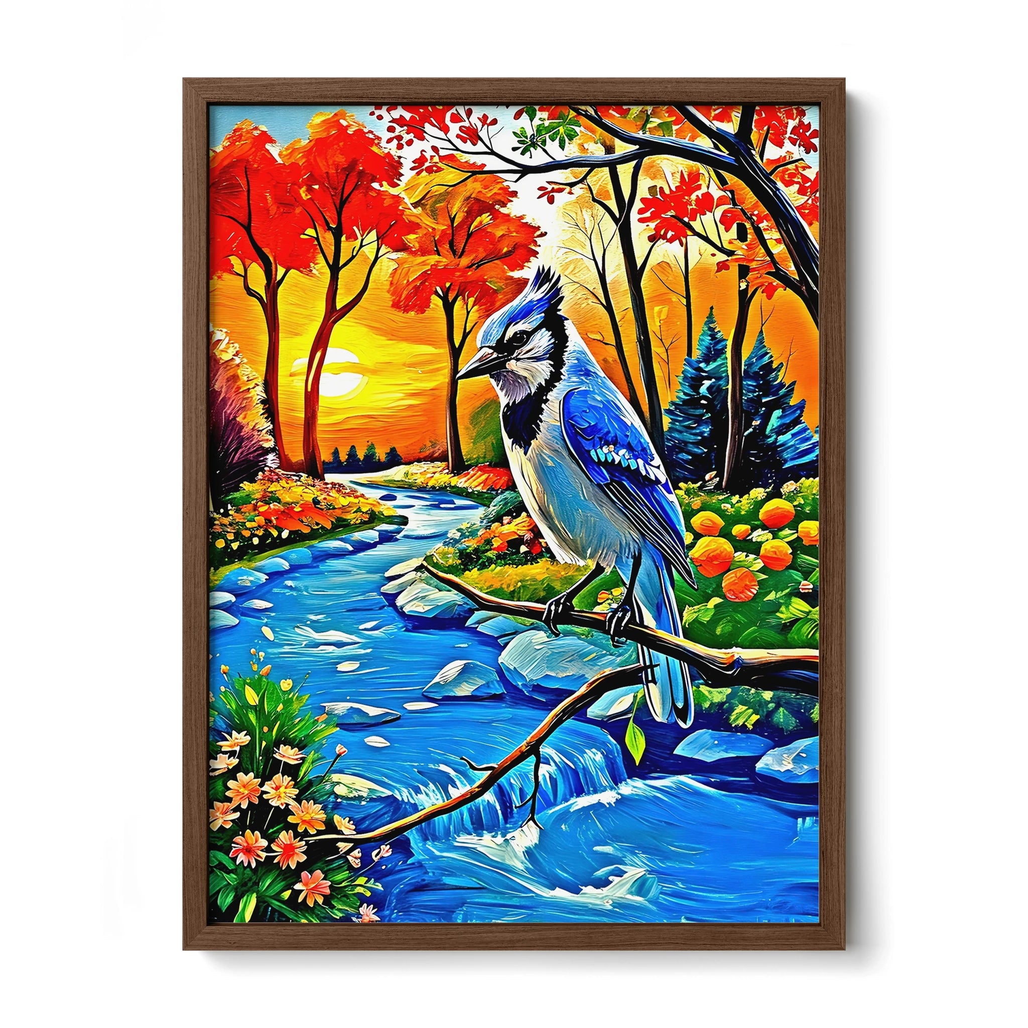 Blue Jay-Cyanocitta Cristata-Framed Paper Print-452252 Walnut Premium Oak No Mats Visual Wall Art Framed Print