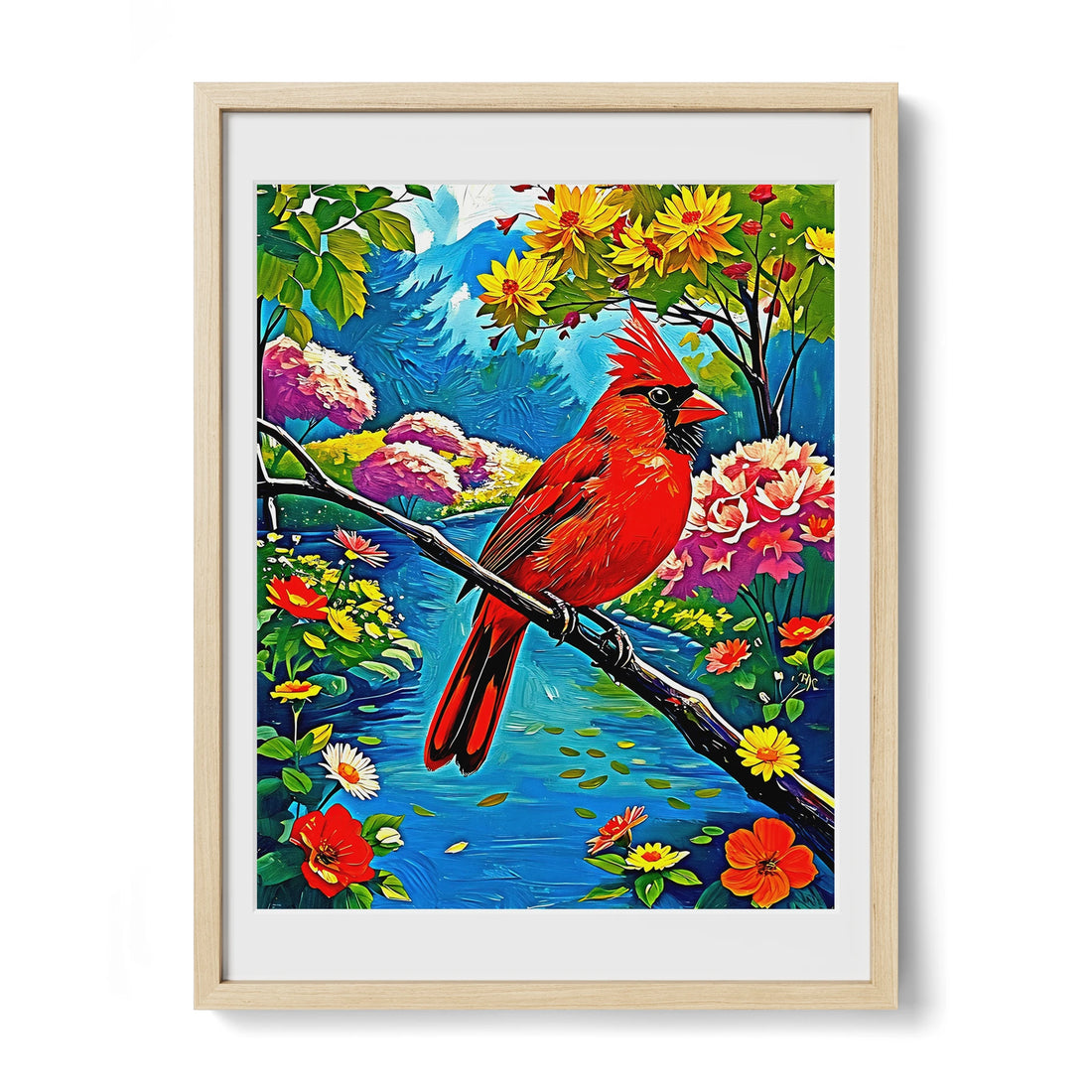 Cardinalis Cardinal Northern Cardinal-Framed Paper Print-452224 Natural Premium Oak Mats Visual Wall Art Framed Print