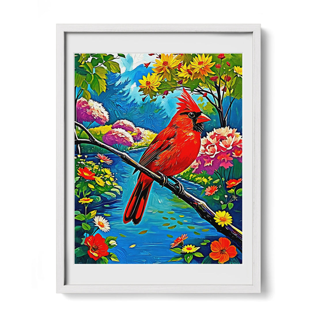 Cardinalis Cardinal Northern Cardinal-Framed Paper Print-452224 White Premium Oak Mats Visual Wall Art Framed Print