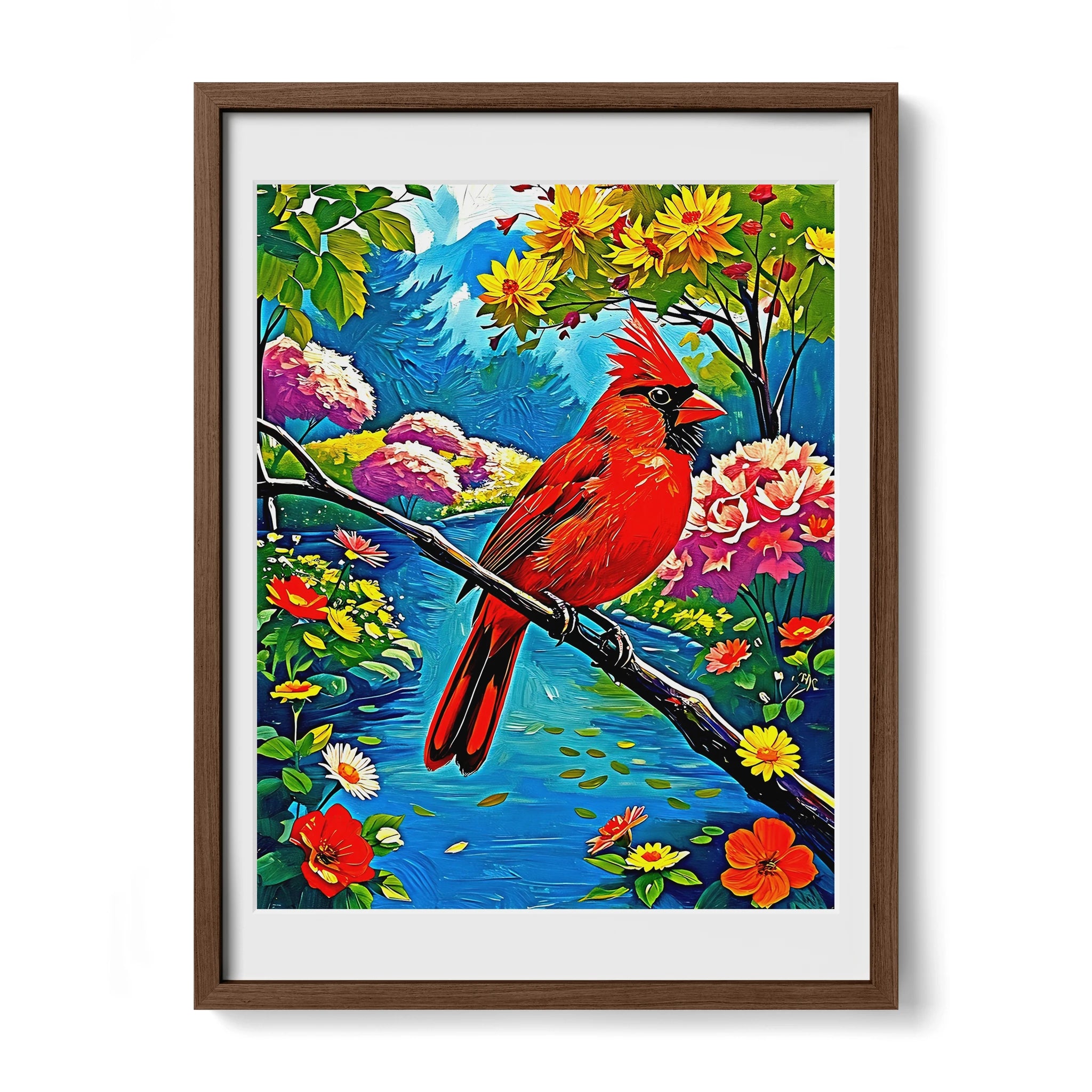 Cardinalis Cardinal Northern Cardinal-Framed Paper Print-452224 Walnut Premium Oak Mats Visual Wall Art Framed Print