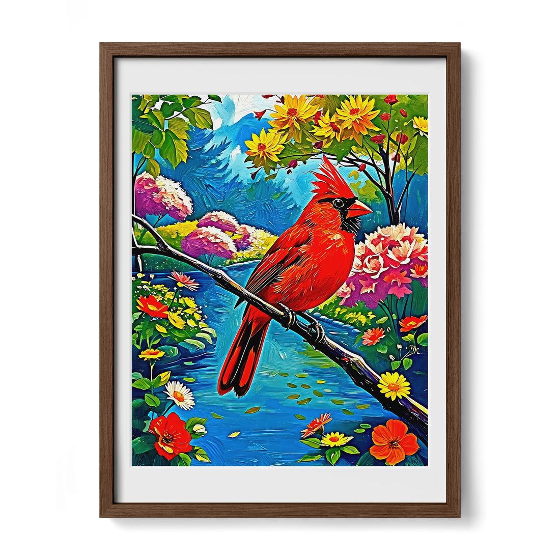 Cardinalis Cardinal Northern Cardinal-Framed Paper Print-452224 Walnut Premium Oak Mats Visual Wall Art Framed Print