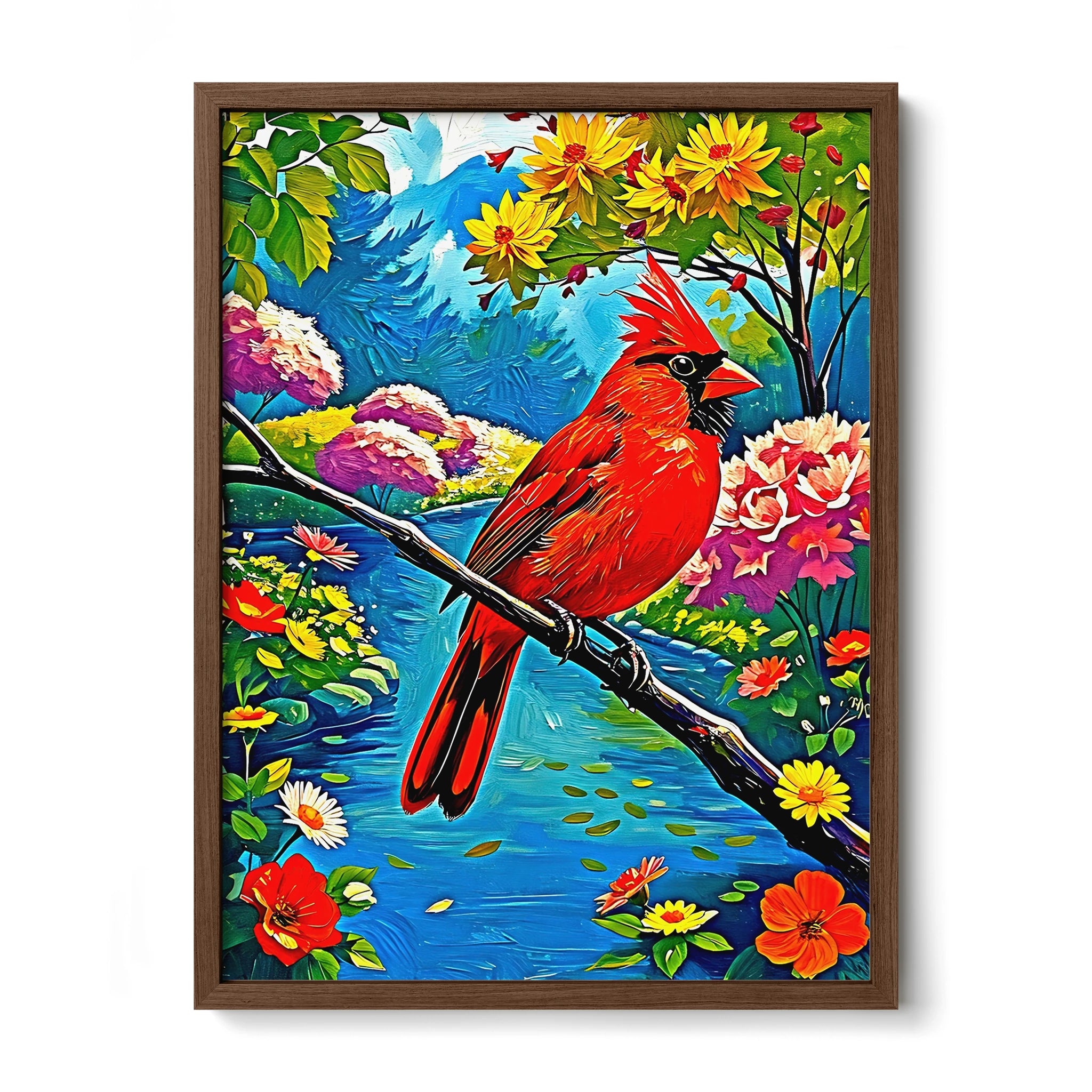 Cardinalis Cardinal Northern Cardinal-Framed Paper Print-452224 Walnut Premium Oak No Mats Visual Wall Art Framed Print