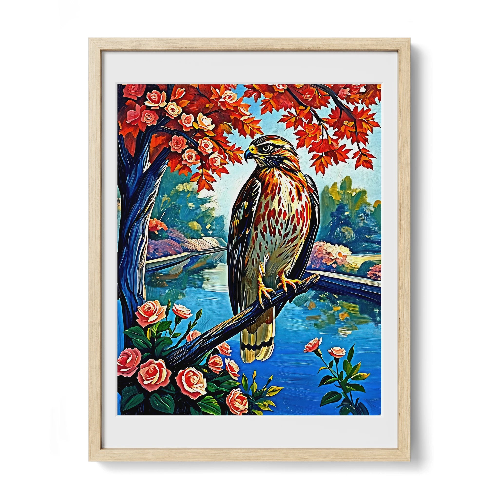 Chickenhawk Red-Tailed Hawk-Framed Paper Print-452227 Natural Premium Oak Mats Visual Wall Art Framed Print