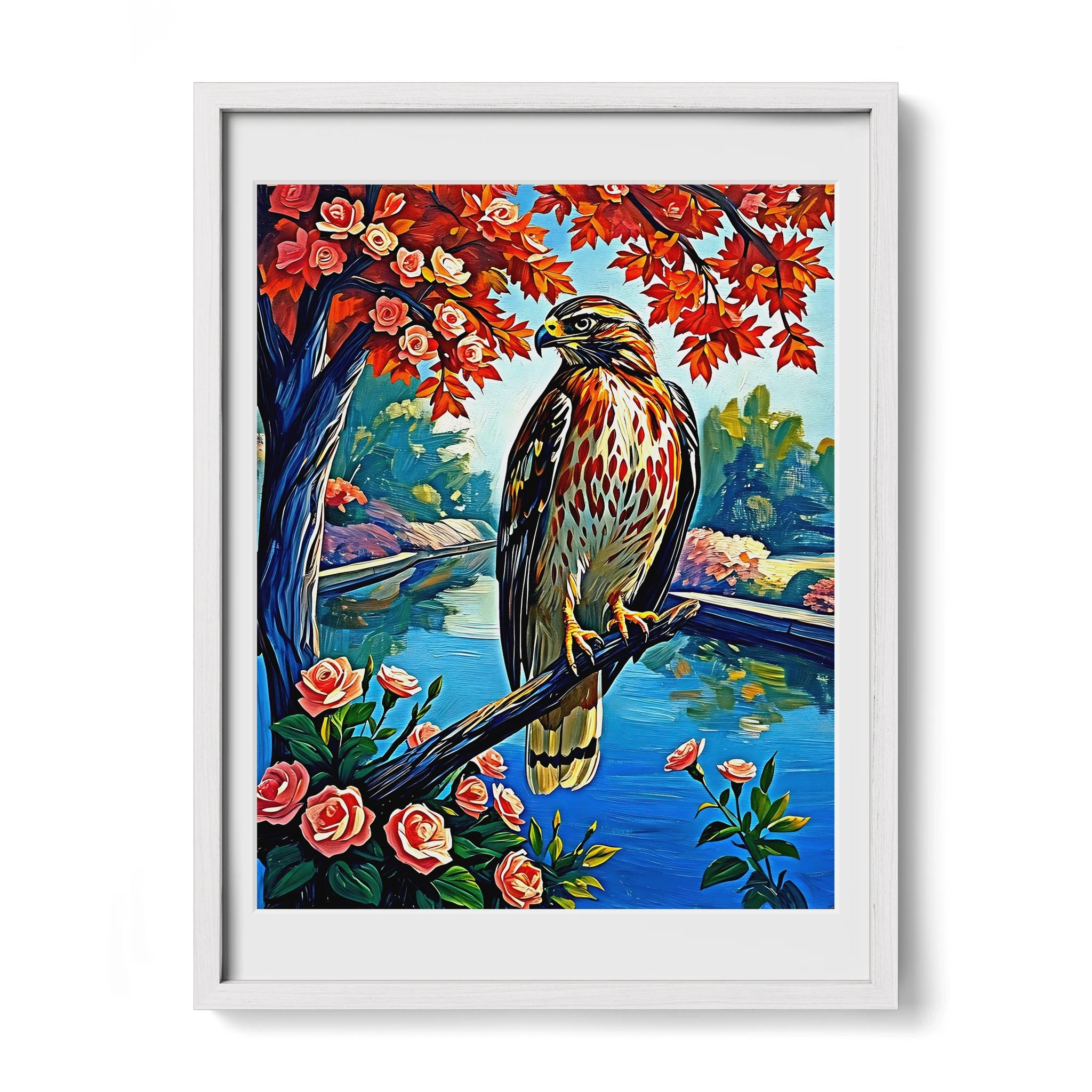 Chickenhawk Red-Tailed Hawk-Framed Paper Print-452227 White Premium Oak Mats Visual Wall Art Framed Print