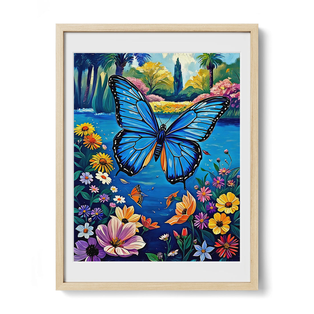 Flying Blue Butterfly-Framed Paper Print-452213 Natural Premium Oak Mats Visual Wall Art Framed Print