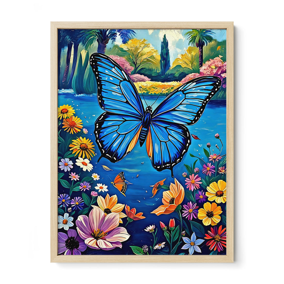 Flying Blue Butterfly-Framed Paper Print-452213 Natural Premium Oak No Mats Visual Wall Art Framed Print