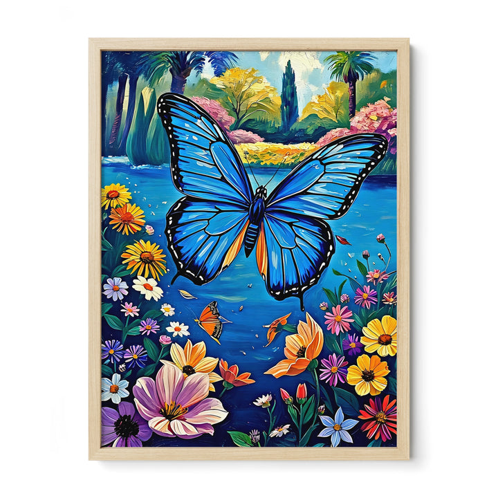 Flying Blue Butterfly-Framed Paper Print-452213 Natural Premium Oak No Mats Visual Wall Art Framed Print