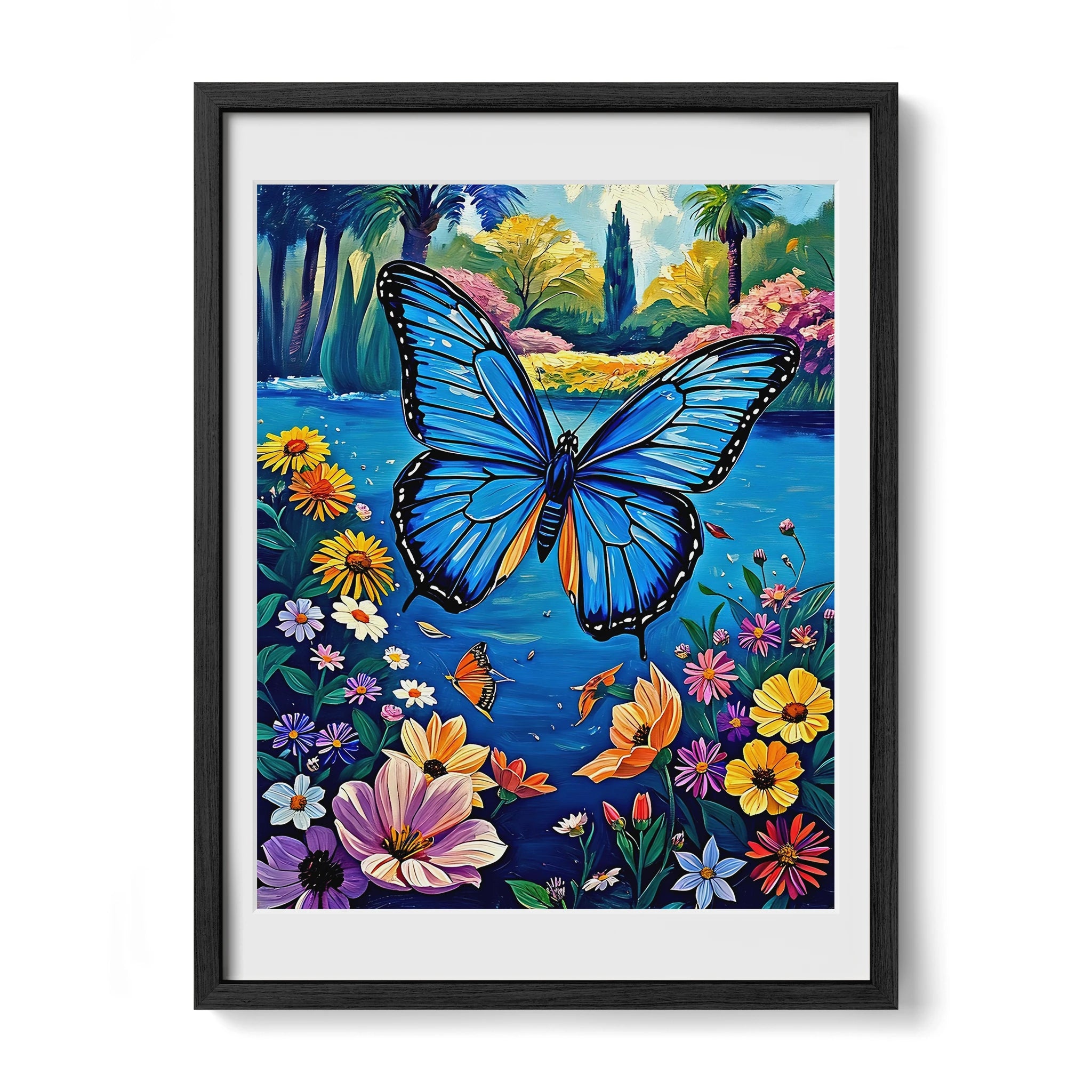 Flying Blue Butterfly-Framed Paper Print-452213 Black Premium Oak Mats Visual Wall Art Framed Print