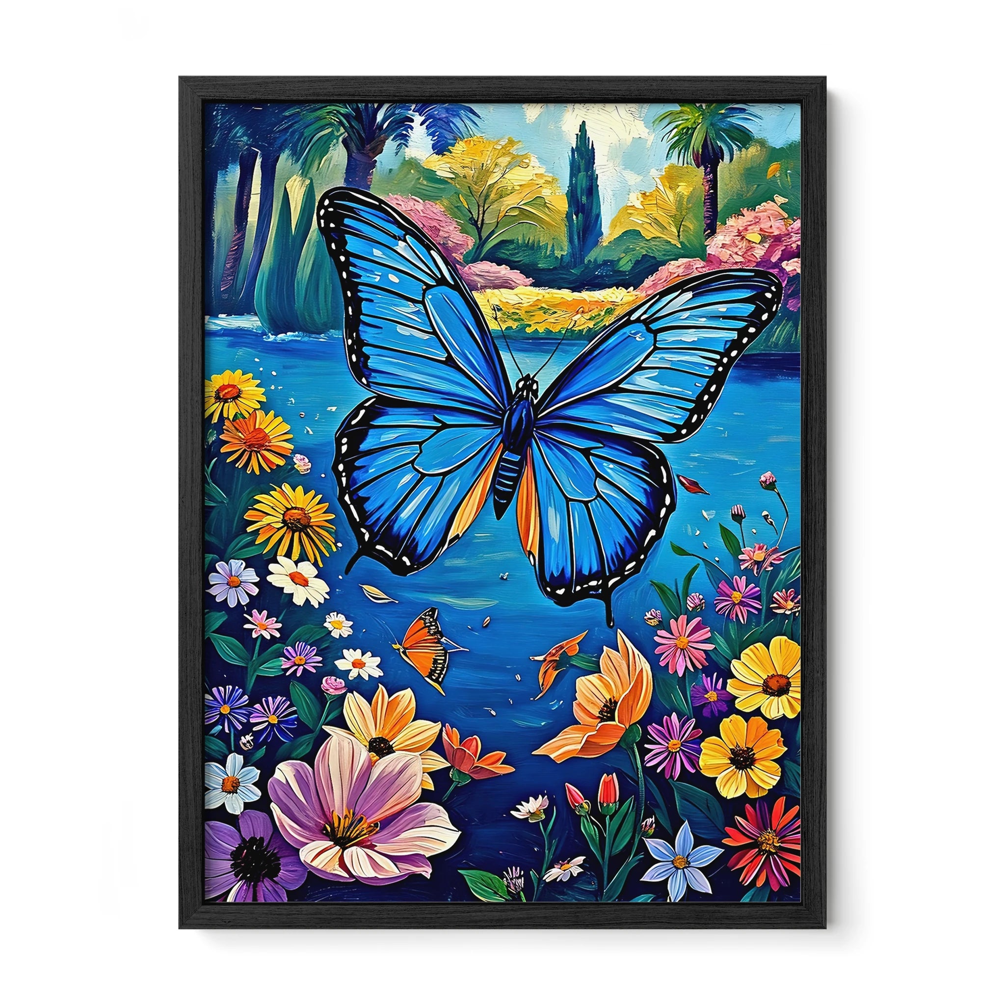 Flying Blue Butterfly-Framed Paper Print-452213 Black Premium Oak No Mats Visual Wall Art Framed Print