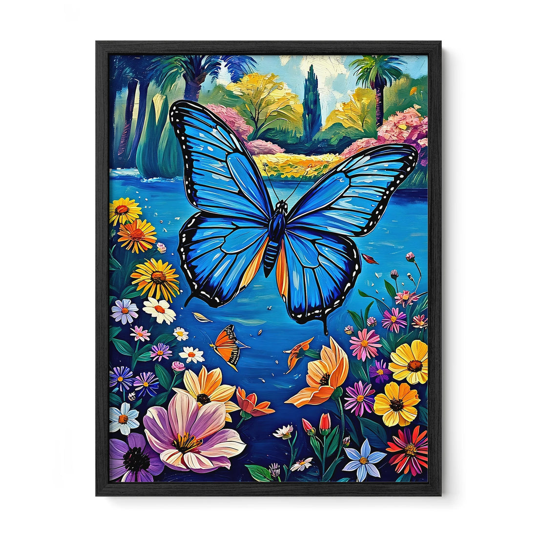 Flying Blue Butterfly-Framed Paper Print-452213 Black Premium Oak No Mats Visual Wall Art Framed Print